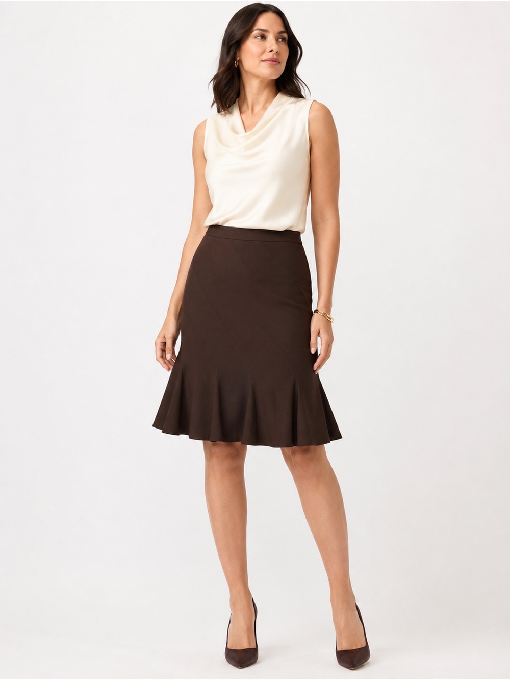 Lafayette 148 Womens 14 Brown Godet Skirt Fluted Ruffle Hem Trumpet Modest